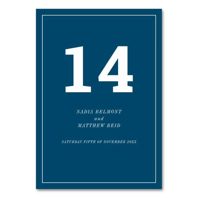 Numeração De Mesa Texto branco mínimo sobre casamento ou evento azul (Frente)