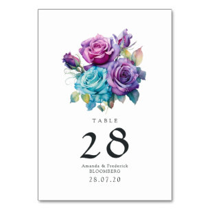 Numeração De Mesa Turquesa e Casamento Floral Roxo