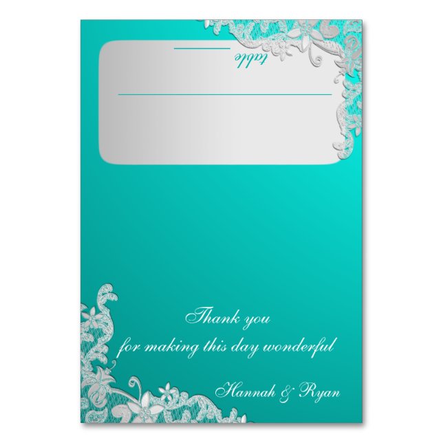 Numeração De Mesa Turquesa e Design de rendas prateadas (Frente)