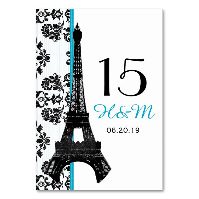 NUMERAÇÃO DE MESA TURQUOISE DAMASK EIFFEL TOWER PARISIAN WEDDING (Frente)