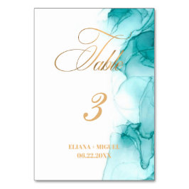 Numeração De Mesa Turquoise Watercolor Teal Gold, casamento elegante