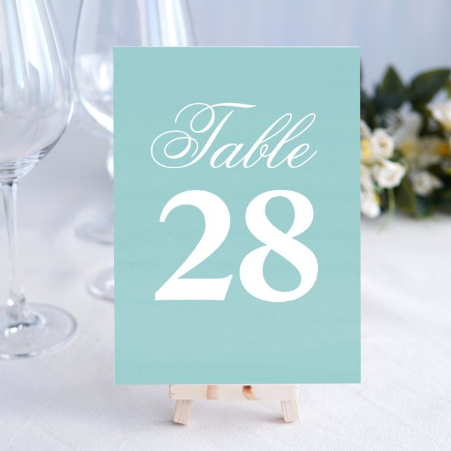 Numeração De Mesa Turquoise Wedding Script Table Number Sign  (Wedding table number with light watercolor background and turquoise blue.)