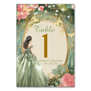 Numeração De Mesa Vestido de Princesa Verde Salvia Floresta Dourada