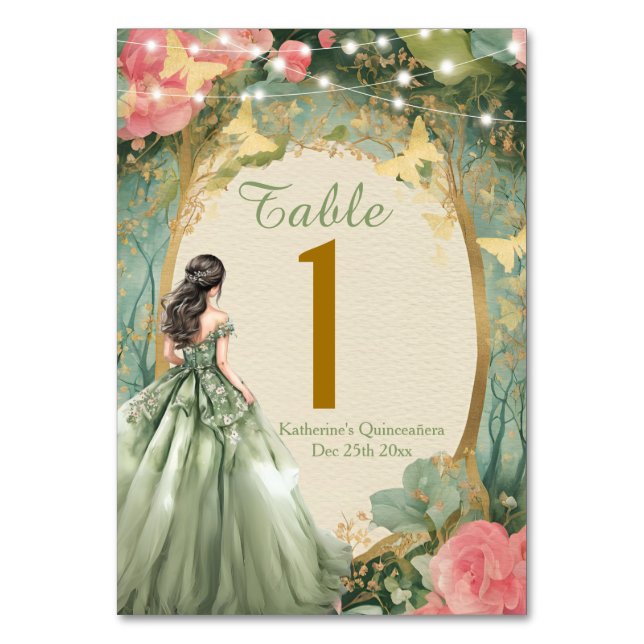Numeração De Mesa Vestido de Princesa Verde Salvia Floresta Dourada  (Frente)