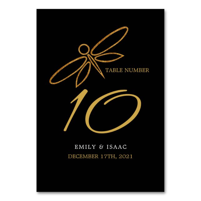 Numeração De Mesa Vintage Gold Foil Dragonfly Casamento (Frente)