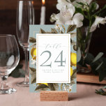Numeração De Mesa Vintage Lemon Botanical Wedding Dusty Blue<br><div class="desc">Este design de casamento é detalhado com um impressão botânico de limão-vintage e foi projetado para adicionar um toque único de citros às suas necessidades de papelaria de casamento. O fundo da placa é azul empoeirado e o design apresenta 2 quadros dourados.</div>