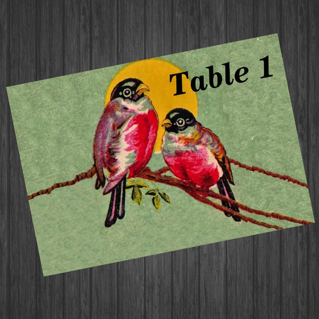 Numeração De Mesa Vintage Red Love Birds Sun (Two red love birds sitting together on branch yellow sun on green event table cards.)