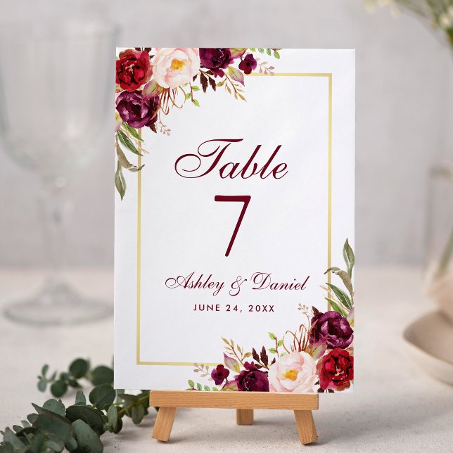 Numeração De Mesa Watercolor Floral Burgundy e Dourado Casamento (Burgundy Floral and Gold Table Number Card.)