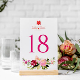 Numeração De Mesa Watercolor flower double happiness chinese wedding