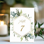 Numeração De Mesa Watercolor Greenery Dourado Hexagon Mesa Num<br><div class="desc">Este número da mesa de casamento apresenta cor d'água eucalipto,  folhas verdes,  flores com uma falso estrutura geométrica de hexágono dourado. Para personalização mais avançada deste design,  clique no link "Personalizar mais". Itens correspondentes também estão disponíveis.</div>