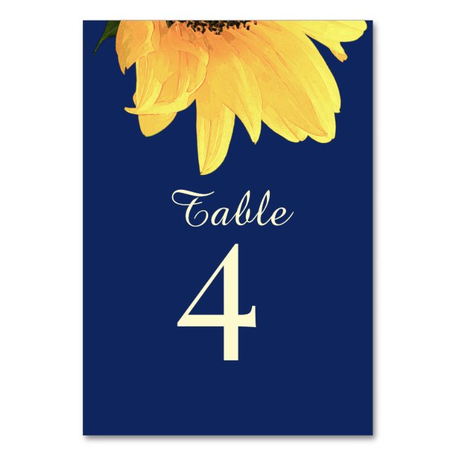 Numeração De Mesa Watercolor Sunflowers dark blue Wedding (Frente)