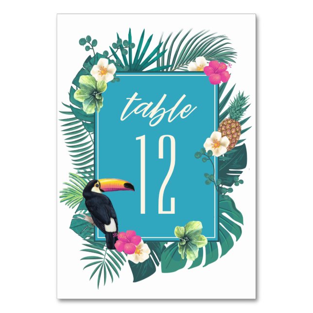 Numeração De Mesa Watercolor Tropical w/Toucan Teal ID577 (Frente)