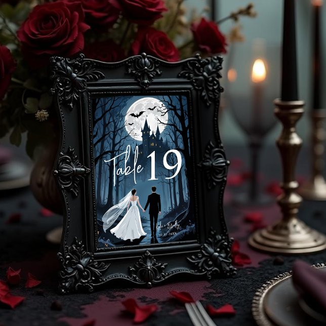 Numeração De Mesa Wedding Couple Spooky Forest Toward Haunted Castle (Spooky Forest Wedding Couple Toward Haunted Castle Table Numbers for Double-Digit Tables. )