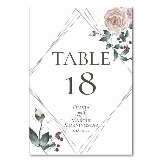 Numeração De Mesa WEDDING| Silver Dusty Rosa Blush Watercolor Floral (Frente)