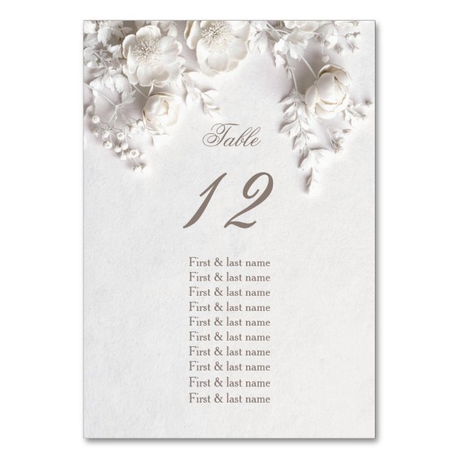 Numeração De Mesa White 3D Roses Wedding Guest Names  (Frente)