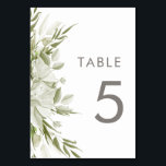 Numeração De Mesa White Floral Greenery Wedding<br><div class="desc">Este elegante tema do casamento apresenta um arranjo florescente de flores brancas e verde num fundo de linho branco nítido. Usando a tipografia sans serif e sutis pistas da caligrafia manuscrita,  esta design é moderna e clássica.</div>