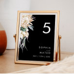 Numeração De Mesa White Floral | Número de Tabela Preta<br><div class="desc">Nós projetamos este White Floral | Número da mesa preta para completar seu casamento tropical escuro rústico. Com a sua aquarela boêmica verde para as suas modernas flores boho de inverno, incluindo protea, dahlia, e lótus secos, a design deve decolar o seu tema ensombrado, minimalista, preto e verde. Altere o...</div>