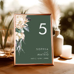 Numeração De Mesa White Floral | Número de Tabela Verde Escuro<br><div class="desc">Nós projetamos este White Floral | Número da mesa verde escura para completar o seu casamento tropical escuro rústico. Com a sua aquarela boêmica verde para as suas modernas flores boho de inverno, incluindo protea, dahlia, e lótus secos, a design deve decifrar o seu tema moderno, minimalista, verde e branco....</div>