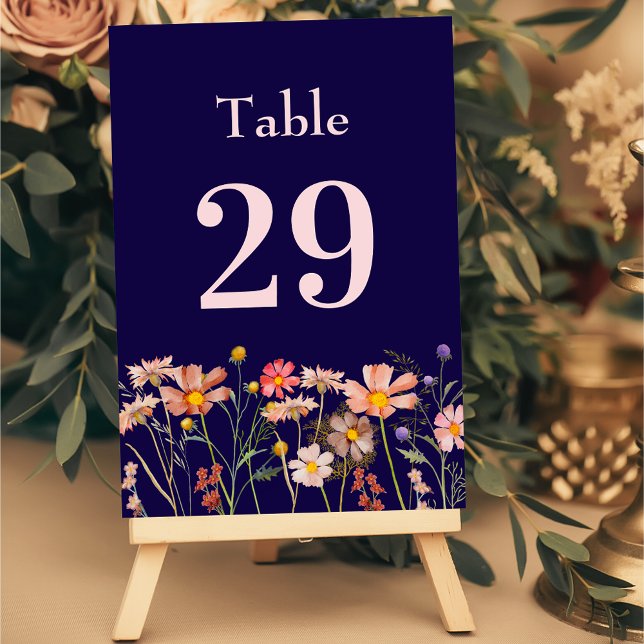 Numeração De Mesa Wildflower Boho Floral Navy Blue Blush Wedding (Wildflower boho fall floral navy blue blush pink Wedding table number Garden meadow flowers )