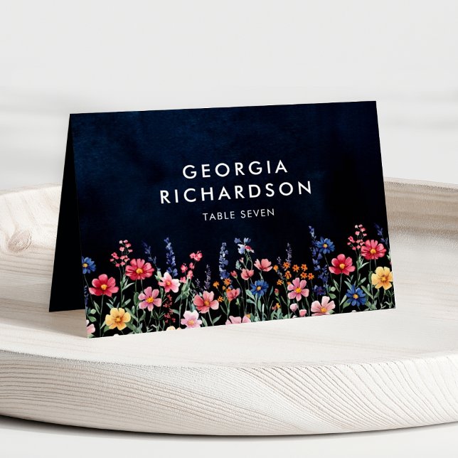 Numeração De Mesa Wildflower Rustic Country Guest Name Place Card (Wildflower Navy vibrant wedding guest name place card)