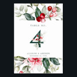 Numeração De Mesa Winter Berry | Quadro n.o 4<br><div class="desc">Esta delicada borda verde de aquarela tem cores tradicionais de Natal, verde-floresta, verde-oliva e amora vermelha em branco brilhante. O número da tabela é apresentado no centro em verde-florestal com bagas vermelhas e verde. Os detalhes do casamento restantes estão diretamente abaixo. Todo o texto pode ser editado de acordo com...</div>