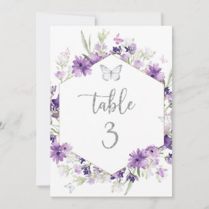 Número da mesa borboleta prateada floral roxa