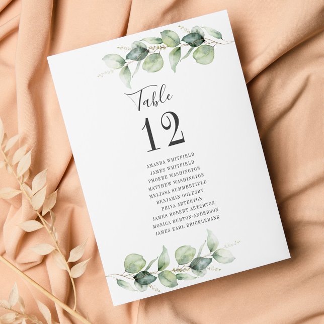 Número da Mesa de Casamento com Eucalipto e Nomes  (Watercolor Eucalyptus Wedding  Reception Table Number Card)