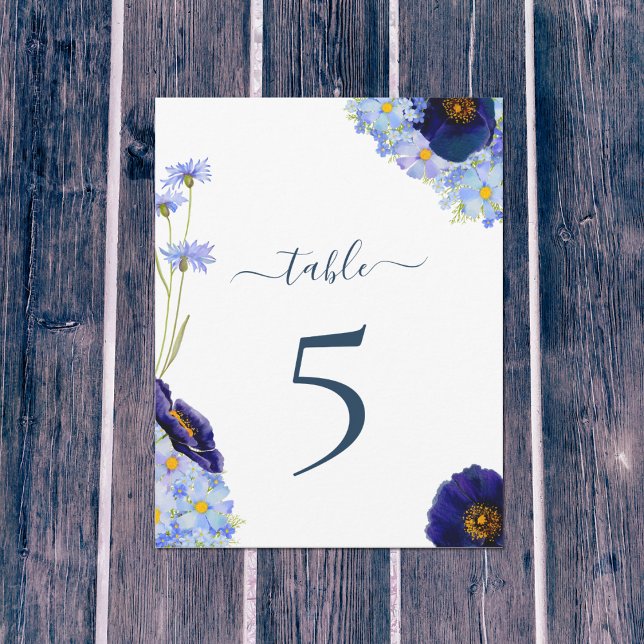 Número da Mesa de Casamento Floral Boho Azul (Modern wildflower watercolor artwork by artist Catherine Sweetman )