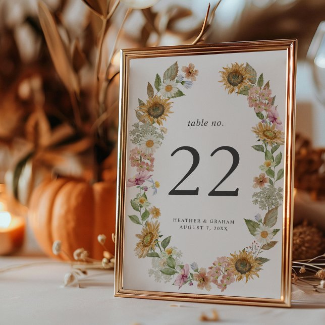 Número da Mesa de Girassol Elegante (Elegant Watercolor Sunflower Wildflower Decor Table Number by Painted Paperie
)