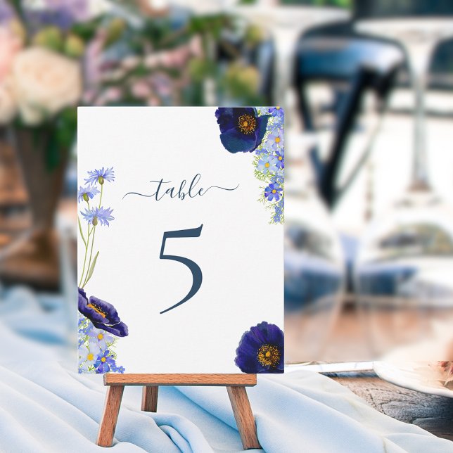 Número da Tabela de Casamento de Flores Selvagens  (Elegant wildflower watercolor blue floral stylish typography script wedding table number)