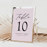 Número da Tabela de Casamento de Lavandas Elegante<br><div class="desc">Trendy, cartões minimalistas de números das mesas de casamento com letras negras modernas com "Mesa" em um roteiro de caligrafia moderno. O design apresenta um fundo lavanda-roxo ou uma cor de sua escolha. O design repete atrás. Para solicitar os cartões de mesa: adicione seu nome, data do casamento e número...</div>