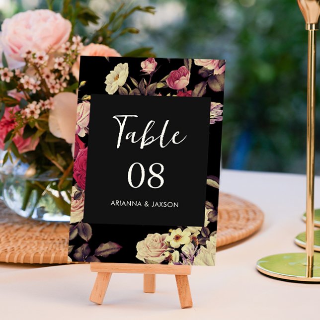 Número da Tabela de Casamento Floral Moody (This beautiful double sided floral table number sign features elegant vintage look flowers.)