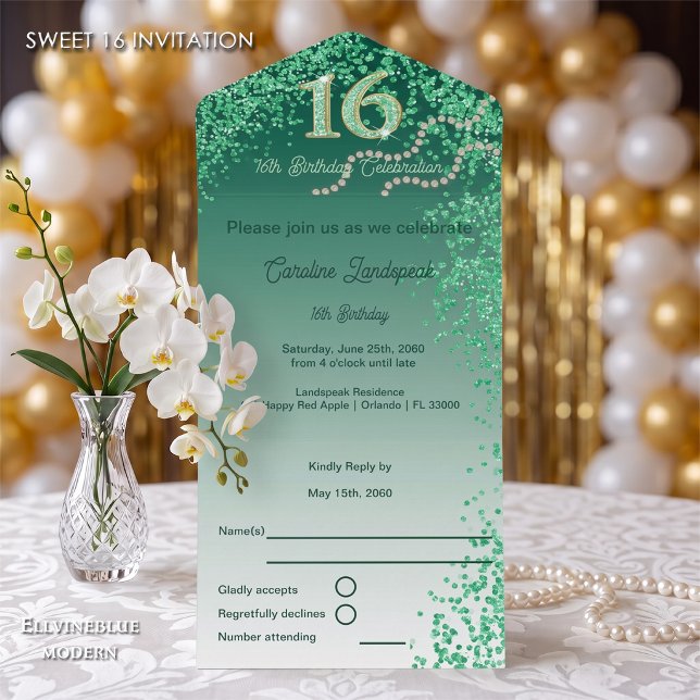 Número de Caligrafia com Brilho Verde Sweet 16 (Chic Sweet 16 invite with an easy-to-tear perforated RSVP card. Green Glitter Celebration!)
