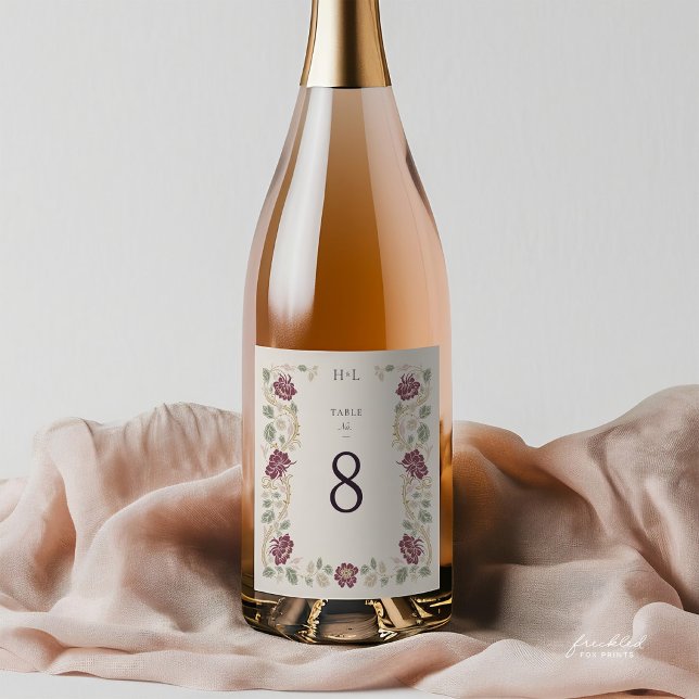 Número de Mesa Casamento Arte Nova Floral Borgonha (Burgundy Floral Art Nouveau Champagne Sparkling Wine Table Number Label)