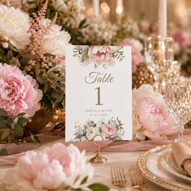 Número de Mesa Casamento Peônia Bege e Marfim (Blush & Ivory Peony Wedding Table Number)