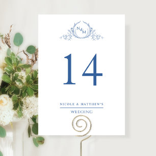 Número de Mesa de Casamento Monogramado Azul Elega