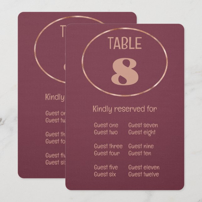 Número de Mesa e Cartão de Lugar em Rosa Ouro com  (Frente/Verso)