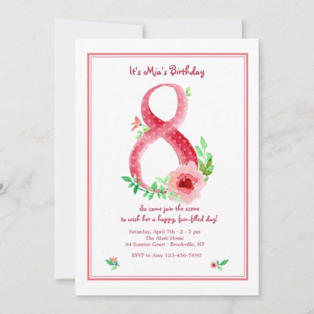 Número Rosa 8 Convite (Frente)