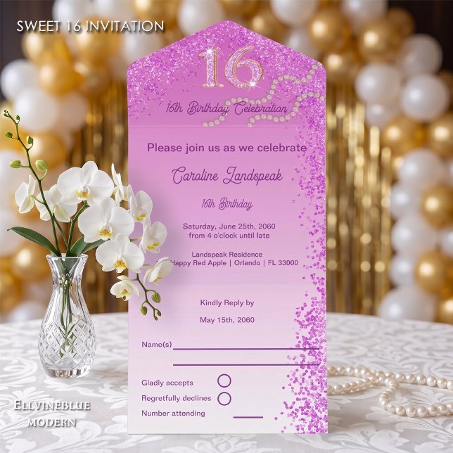 Número Sweet 16 em Caligrafia com Brilho Rosa (Chic Sweet 16 invite with an easy-to-tear perforated RSVP card. Pink Glitter Celebration!)