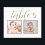 Número único e elegante da tabela de casamento per<br><div class="desc">Cartões de números de mesas de casamento elegantes e exclusivos apresentam fotos de infância da noiva e do noivo em uma idade que corresponde ao número da tabela. Para personalizar: digite o número da tabela, clique em "alterar" pelas fotos padrão para carregar suas próprias fotos digitais ou digitalizadas e adicione...</div>