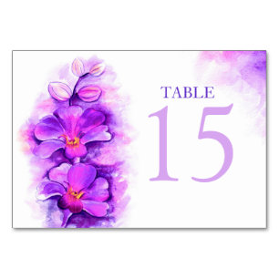 Números de cartão de mesa de casamento roxo da Orq