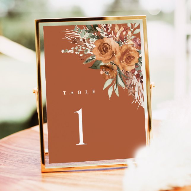 Números de Mesa de Casamento Boho Terracota, Flora (Terracotta rose floral wedding table number card with watercolor, elegant boho table, framed indoor)