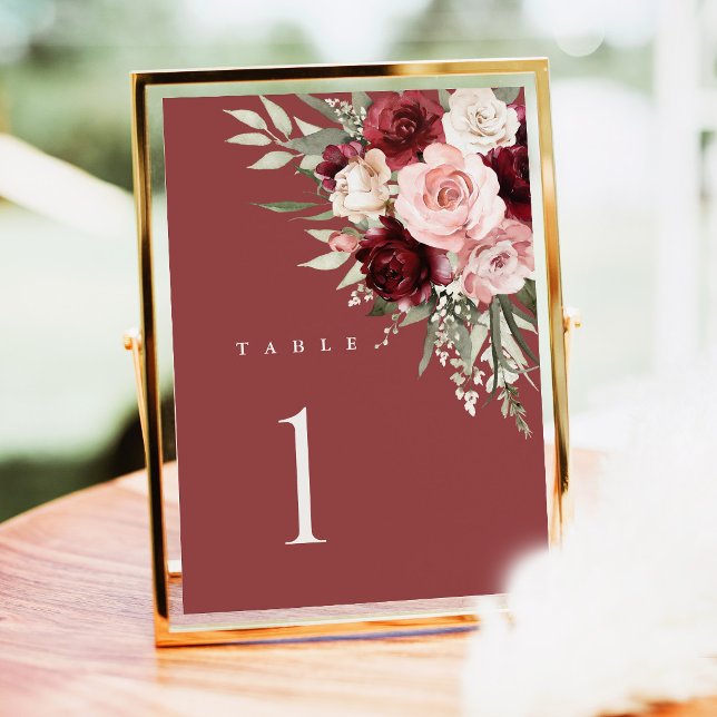 Números de Mesa de Casamento Borgonha, Floral Rosa (Burgundy blush floral wedding table number sign, elegant burgundy pink rose watercolor table decor)