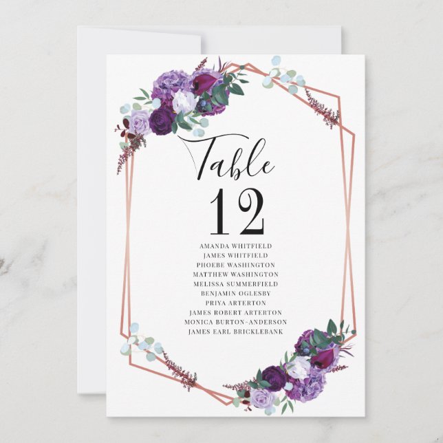 Números de Mesa de Casamento com Floral Roxa Carta (Frente)