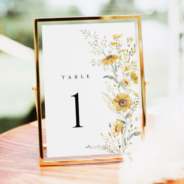 Números de Mesa de Casamento com Girassóis Amarelo (yellow wildflower sunflower wedding table number sign floral table number gold frame reception decor)