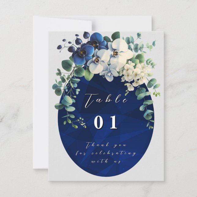 Números de Mesa de Casamento Florais Azul-Navy (Frente)