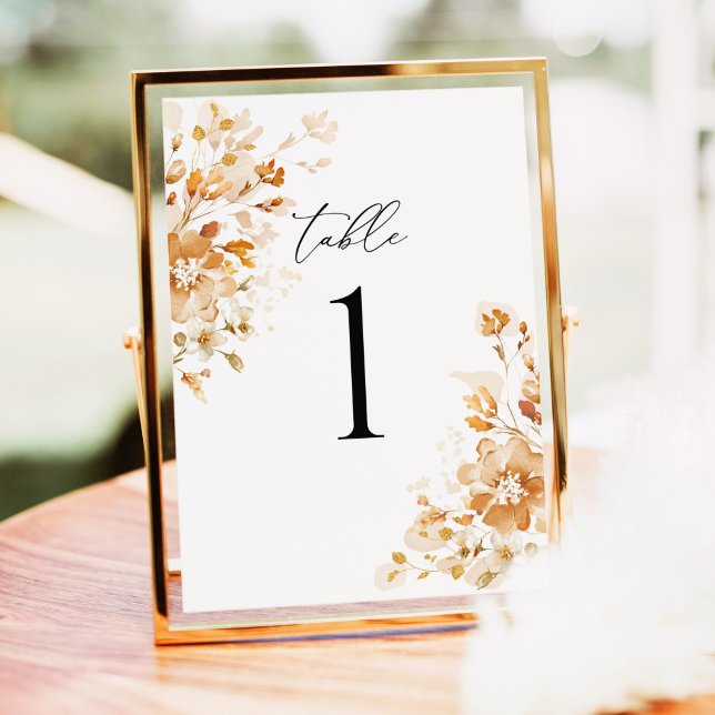 Números de Mesa de Casamento Florais de Terracota  (Terracotta floral table number wedding sign, burnt orange watercolor, elegant ceremony gold frame)