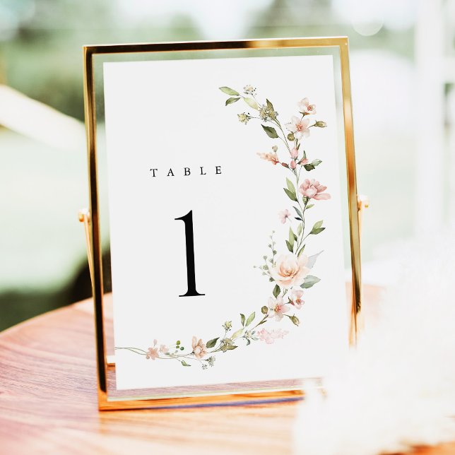 Números de Mesa de Casamento Floral Beijo de Pêsse (Peach Blush Floral Wedding Table Number, watercolor wildflower table sign in gold reception decor)
