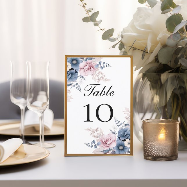 Números de Mesa de Casamento Floral Cor-de-Rosa-Bl (Dusty blue blush pink floral wedding table number cards)