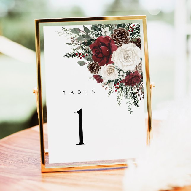 Números de Mesa de Casamento Floral de Inverno Bor (Burgundy winter floral wedding table numbers card elegant holiday table number reception decor)
